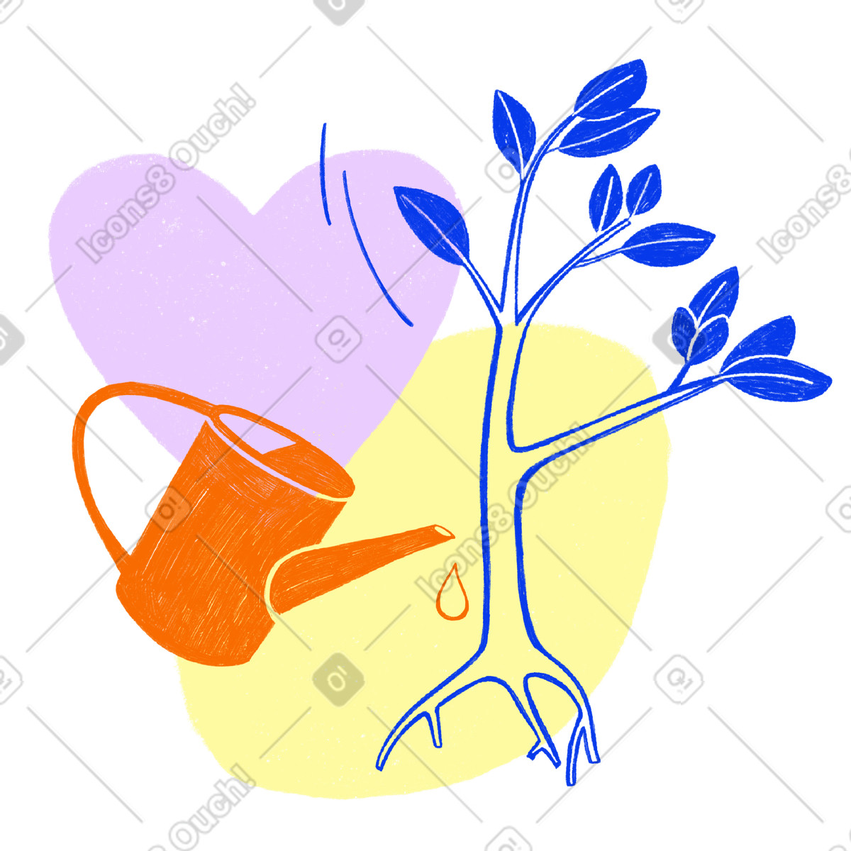 Planting and watering new trees to improve the environment illustration in Biro style download in PNG, SVG