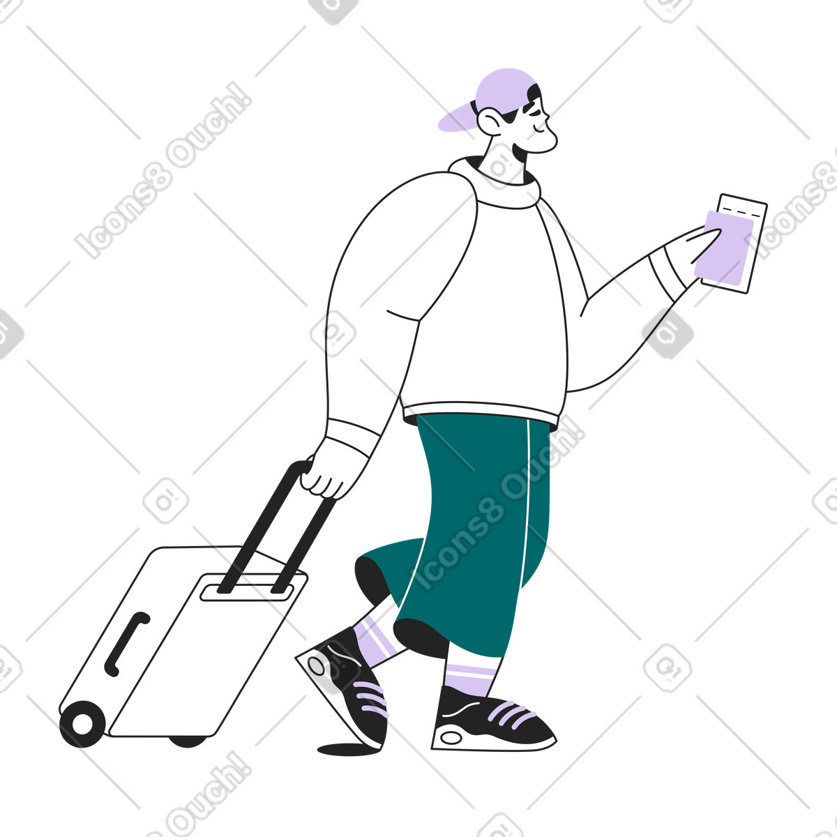 Viaggiatore con valigia e biglietto in mano illustrazione stile Sammy Line scarica PNG, SVG