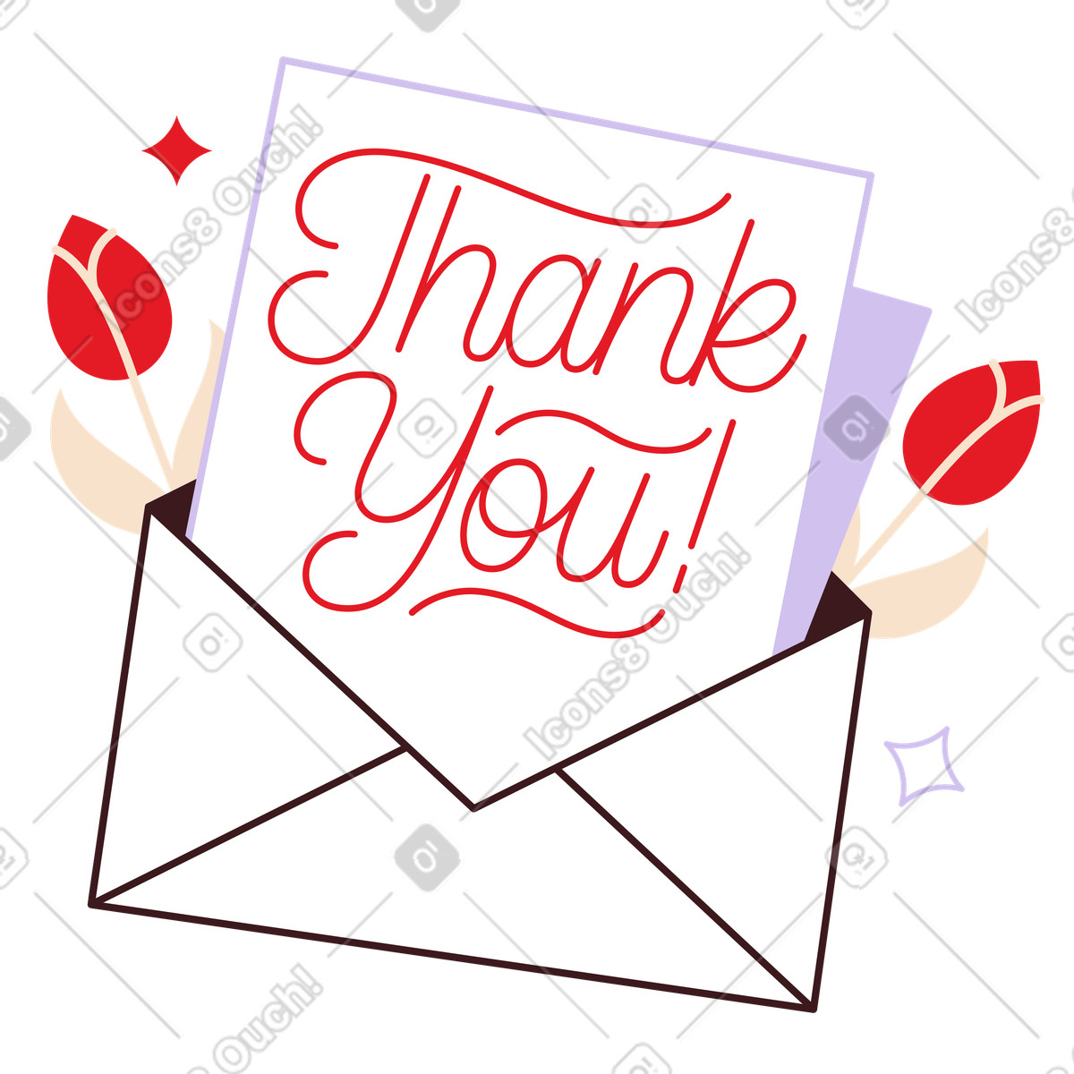 Ilustração de Open envelope with thank you note and flowers, Thankfulness appreciation card em no estilo Folks para baixar em PNG, SVG