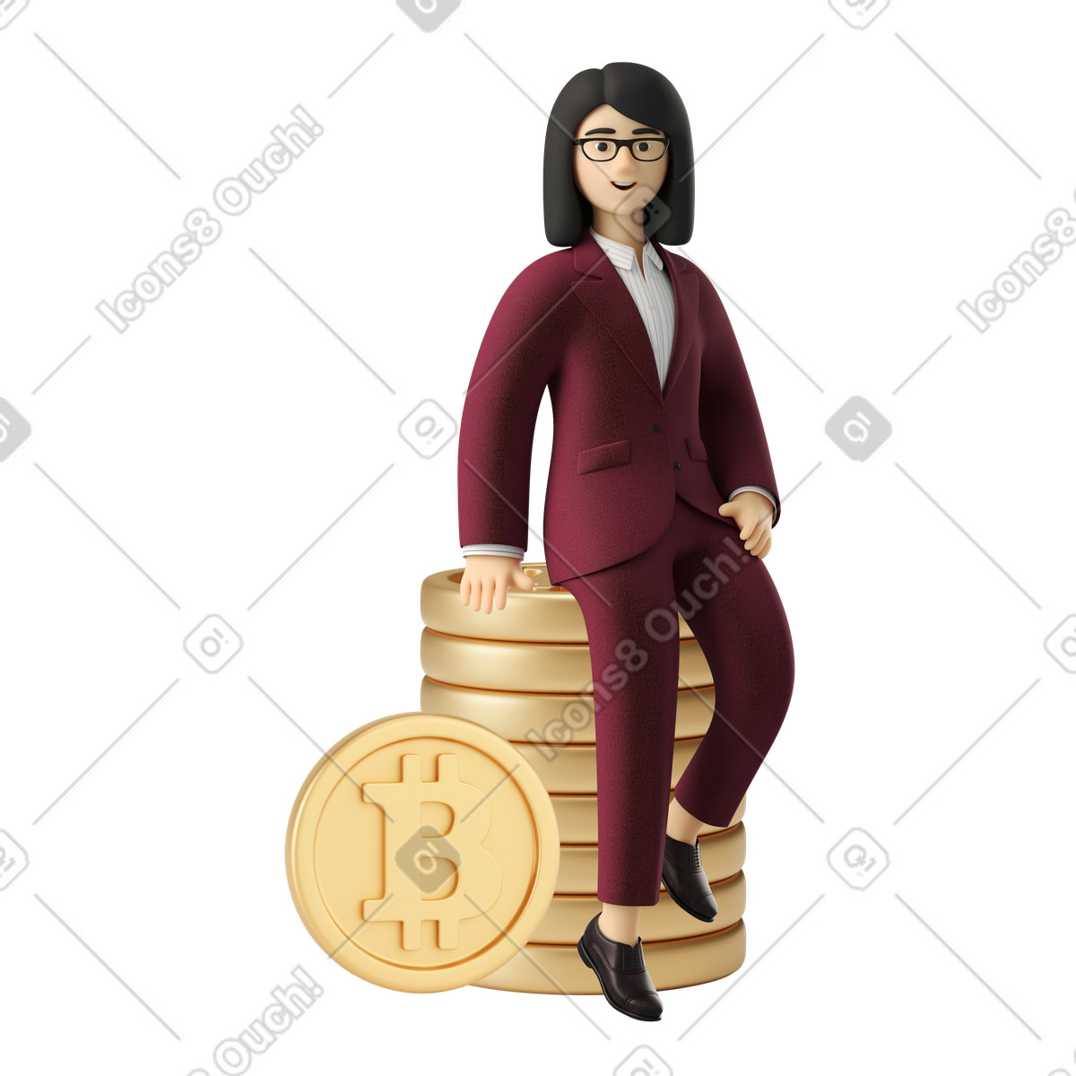 Ilustración Mujer asesora de bitcoin con traje rojo sentada en un montón bitcoins estilo 3D Business a descargar PNG y SVG