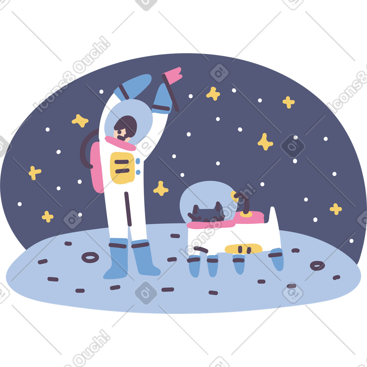 Astronaut is welcoming with pet in space illustration in Pluto style download in PNG, SVG