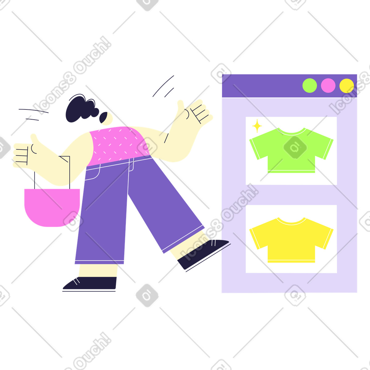 Illustration User selecting shirts on website, Online shopping or E-commerce dans le style Mellow à télécharger aux formats PNG, SVG
