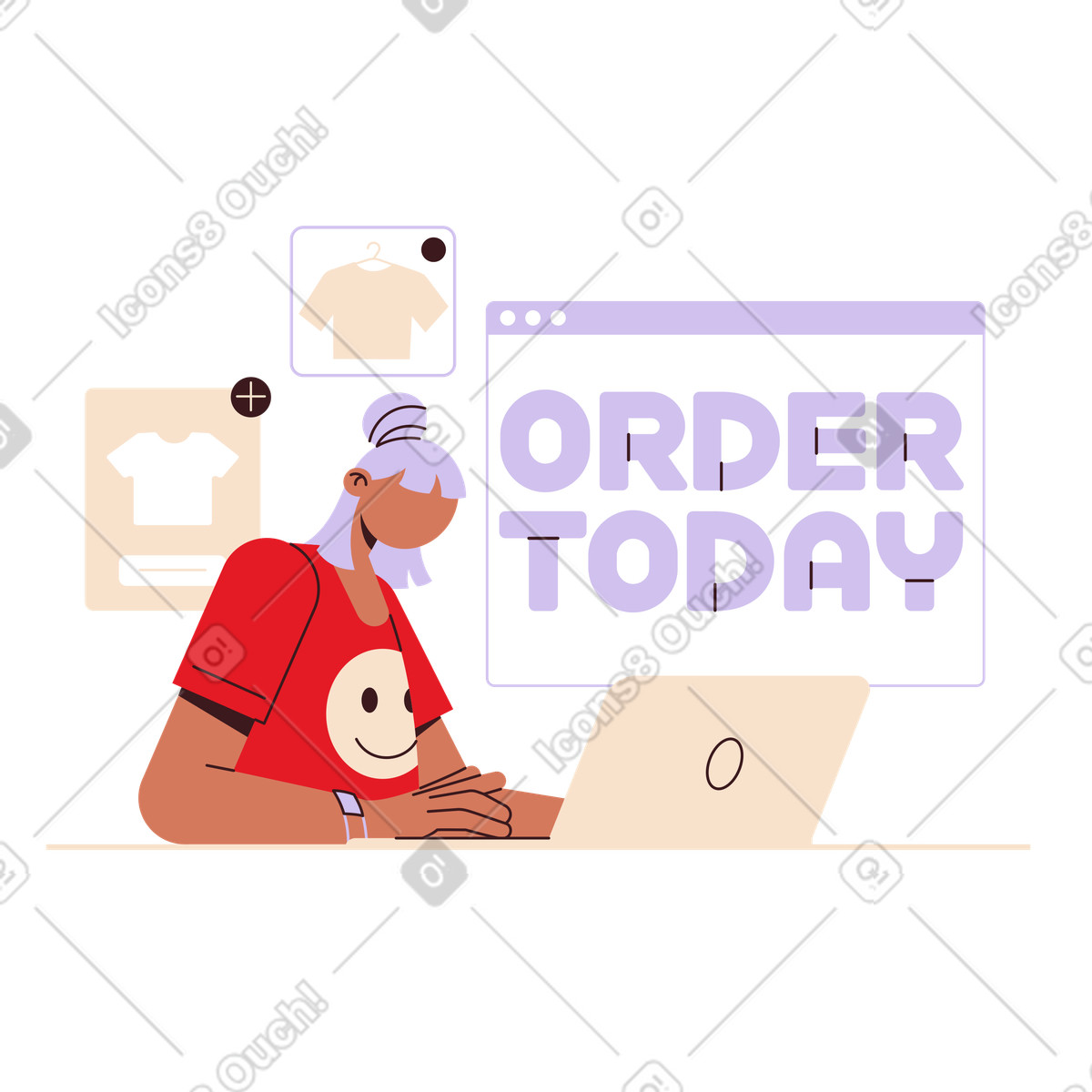 User browsing clothing website on laptop, Digital marketplace purchase illustration in Folks style download in PNG, SVG