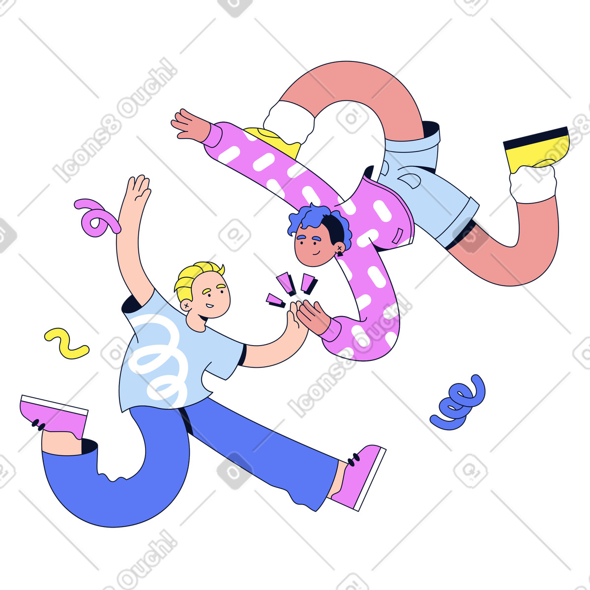 Ilustración Friends jumping and high-fiving, Collaborative victory or milestone en estilo Flexy a descargar en PNG y SVG