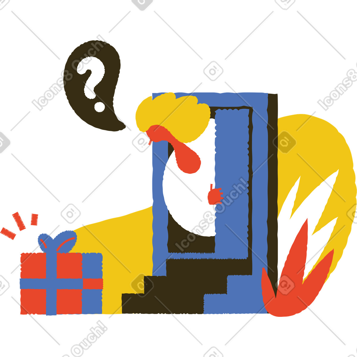 Illustration Homme ouvrant la porte avec un point d'interrogation au-dessus de sa tête dans le style Bermuda à télécharger aux formats PNG, SVG