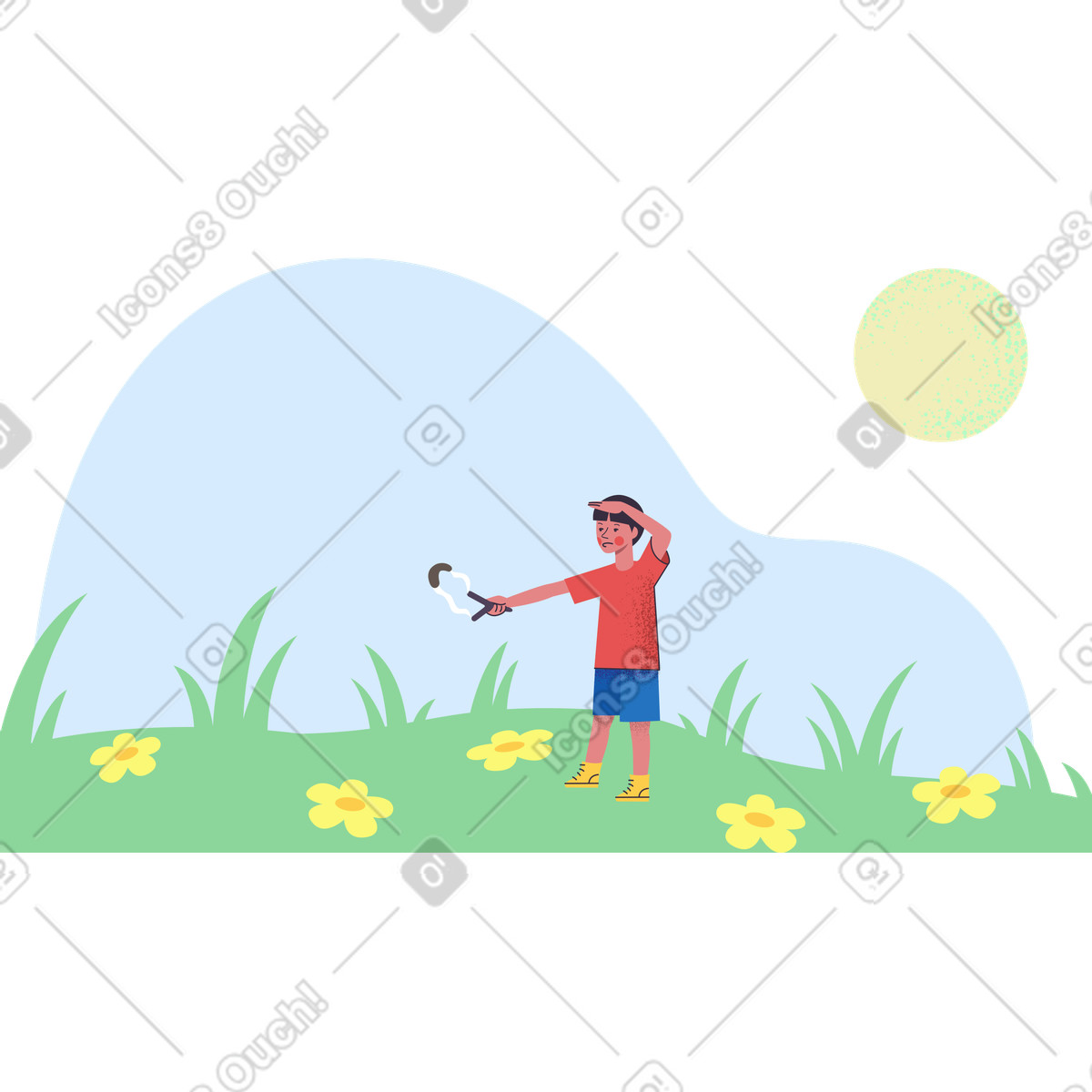 Boy shoots a slingshot in the meadow illustration schoolboy clipart GIF PNG
