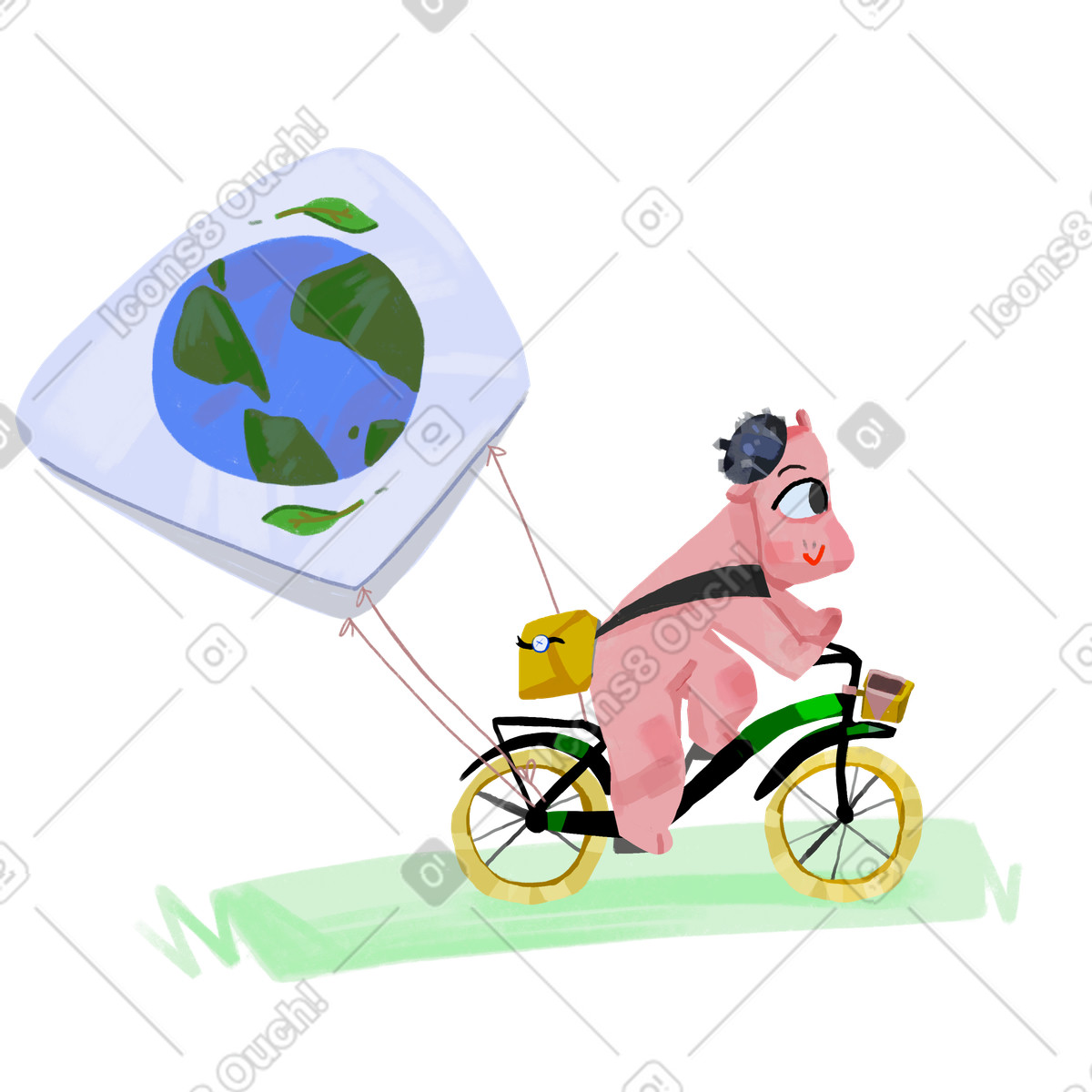 Atomic スタイルの 地球のサインを持つ自転車に乗ったキャラクター のイラストをPNG、SVG形式でダウンロード