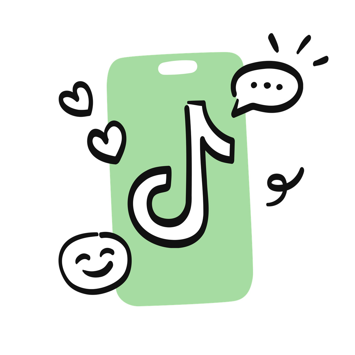 下载 Organic 风格的 TikTok logo on smartphone with hearts and chat bubble doodle 插画，支持 PNG、SVG 格式