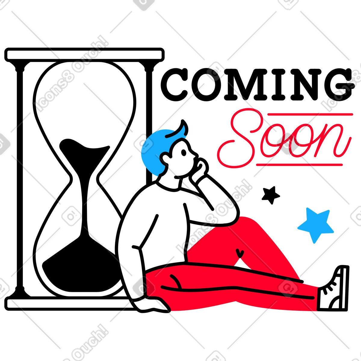 Ilustración Pensive user sitting near hourglass, Waiting for product release en estilo Transistor a descargar en PNG y SVG