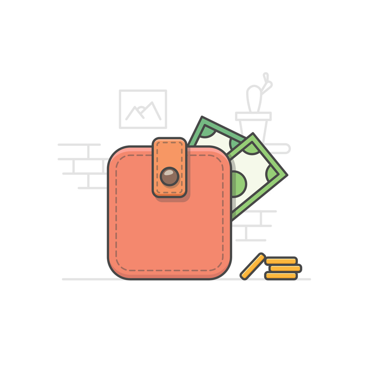 Illustration Leather wallet with cash, personal finance and savings dans le style Gummy à télécharger aux formats PNG, SVG