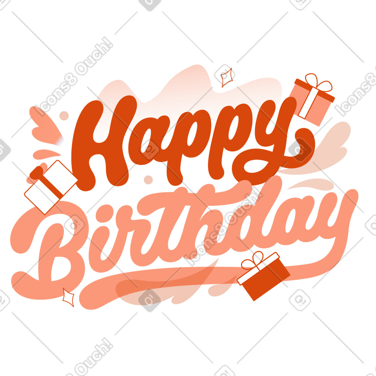 下载 Orange 风格的 Birthday celebration lettering with presents, Festive greeting card or party announcement 插画，支持 PNG、SVG 格式