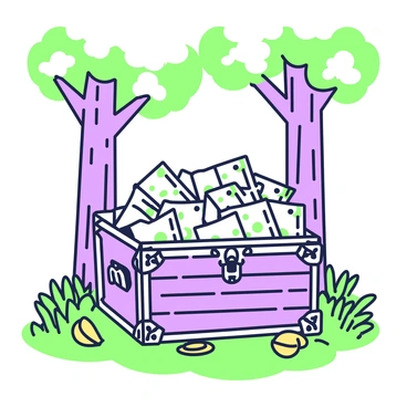 A treasure chest overflowing with cash, hidden in a forest