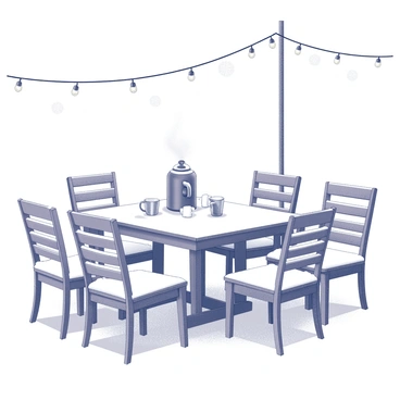 A patio in winter, covered with a layer of snow. The furniture includes a wooden table and several chairs, all blanketed in white snow. In one corner, there is a hot cocoa station featuring a large thermos with steam rising from the top, alongside mugs and marshmallows. Twinkling lights are strung overhead, casting a soft glow across the scene. The ground is also covered with fresh snow, and snowflakes can be seen gently falling from the sky.