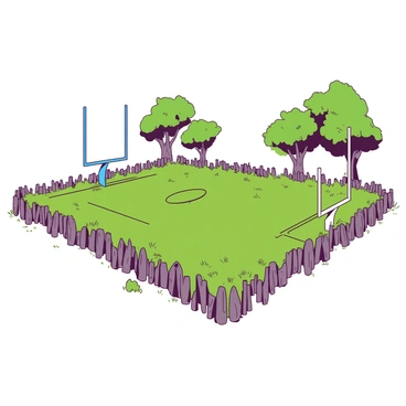 A rustic football field is depicted with tall, uncut grass covering the ground, creating an uneven playing surface. The field is bordered by a weathered wooden fence, showing signs of age. On either end of the field, there are mismatched goalposts, one painted in blue and the other in white, standing at a slight angle. In the background, there are a few scattered trees with thick trunks and lush green foliage, contributing to the natural ambiance of the scene. A clear sky above adds depth to the overall setting.