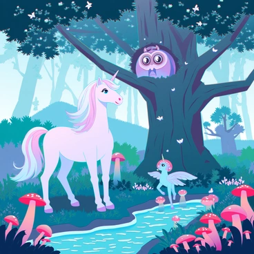 A detailed mural showing a vibrant enchanted forest filled with various mythical creatures. In the foreground, a majestic unicorn with a shimmering mane stands gracefully beside a sparkling stream. Nearby, a playful pixie with iridescent wings flits among blooming flowers. In the background, a towering ancient tree houses a wise old owl with large, expressive eyes. Dappled sunlight filters through the lush canopy above, illuminating the scene and creating a magical atmosphere. Brightly colored mushrooms and whimsical plants populate the forest floor, adding to the charm of this fantastical setting.