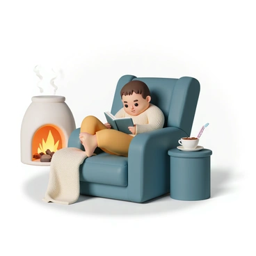 A round person, with short brown hair and wearing a thick, knitted sweater, is comfortably curled up in a plush, upholstered armchair. The armchair is a deep blue color and has soft cushions. The person is holding a book open in their lap, with their eyes focused on the pages. A warm glow emanates from a crackling fireplace nearby, casting soft shadows around the room. There is a small table beside the armchair holding a steaming cup of tea and a few bookmarks. The ambiance is inviting and peaceful, with a knitted blanket draped over the person's legs.