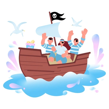A group of children dressed as pirates are enthusiastically sailing a makeshift ship. The ship is crafted from cardboard and is adorned with various pirate decorations, including a skull and crossbones flag fluttering at the top. The children are wearing bandanas, eye patches, and striped shirts. Surrounding them is a large area of blue fabric spread out on the grass, simulating an ocean. The fabric has waves painted in a gradient of pastel colors, creating an inviting scene. A treasure chest filled with plastic gold coins and jewels is placed on the ship, adding to the adventure theme. A few playful seagulls can be seen flying above, enhancing the nautical atmosphere.