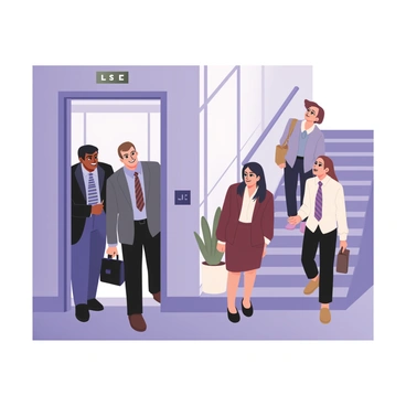 A digital flat illustration depicting an office elevator on the left side of the image. The elevator doors are open, revealing a group of three men inside, two of whom have dark skin and the other with light skin. They are dressed in formal attire, with the first man wearing a navy suit and a tie, the second man in a gray suit with a striped tie, and the third man wearing a light blue shirt and dark trousers. They appear confident and are smiling as they rise. 

On the right side of the image, a staircase is visible, with two women ascending beside the elevator. The first woman has medium skin and shoulder-length black hair, wearing a business dress in dark red with a matching blazer. She is carrying a briefcase in her left hand. The second woman has light skin and long brown hair, wearing a white blouse and black skirt. She is looking upward as she climbs the stairs. The background shows a modern office environment, with large windows and office plants visible.