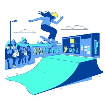 A blue skateboarder is mid-air, executing a kickflip above a teal ramp in a vibrant urban skate park. The skateboarder is wearing a bright yellow helmet and a black outfit, with their long hair flowing in the wind. Below, a group of spectators is gathered, some clapping, while others film the tricks on their smartphones. Surrounding the skate park are colorful graffiti murals on the walls, adding to the lively atmosphere. The sun casts dynamic shadows on the ground, enhancing the energy of the scene.