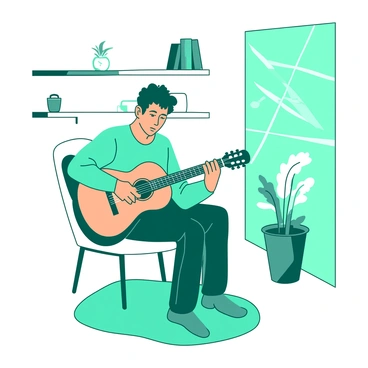 A musician playing soothing music on a guitar in a quiet room, creating a peaceful vibe.
