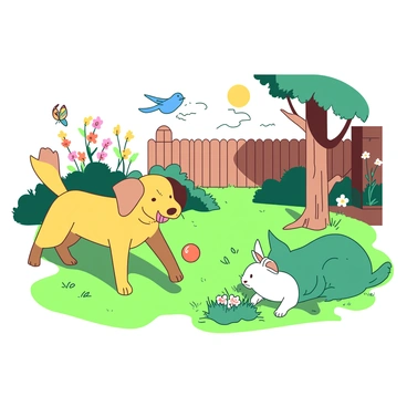 A playful muster of pets enjoying a sunny day in a backyard