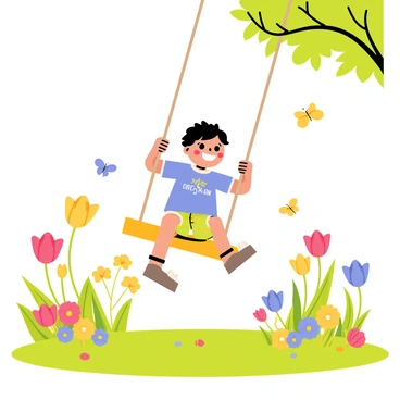 A child with a big smile is swinging on a wooden swing hanging from a sturdy tree branch. The garden around the child is filled with an array of colorful flowers including bright red tulips, sunny yellow daisies, and deep blue forget-me-nots. The green grass is dotted with vibrant petals, and butterflies in various colors flutter nearby. The sky above is clear and blue, adding to the cheerful atmosphere of the scene.