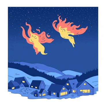 Two guardian spirits made of bright orange flames are hovering protectively above a peaceful village. The spirits have elongated, ethereal forms that sway gently as they emit a warm glow. Below them, the village is nestled among rolling hills, featuring quaint thatched-roof cottages with soft yellow lights glowing from the windows. The night sky is filled with countless twinkling stars, casting a serene ambiance over the village, while the spirits maintain a vigilant watch over the tranquil scene.