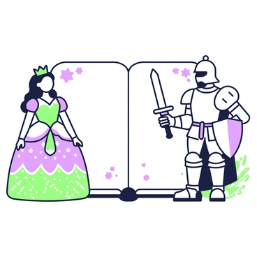 A story page is bordered with charming fairytale characters. On the left side, there is a princess wearing an elaborate gown with intricate patterns. Her hair flows down her back, adorned with a tiara that catches the light. On the right side, a knight is standing proudly in shining armor, holding a sword at his side. The knight's helmet has a distinctive crest, and he has a confident stance, with a shield on his other arm. In the corners of the page, there are small decorative elements like flowers and stars, enhancing the whimsical feel of the illustration.