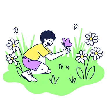 A field filled with vibrant grass serves as the backdrop. Surrounding the scene, there is a frame of daisies, with their white petals and yellow centers creating a cheerful atmosphere. In the center, a joyful child with a big smile is playing. The child has curly hair and is wearing a bright t-shirt and shorts. The child is crouching down, reaching out towards a butterfly fluttering nearby. The sunlight casts gentle shadows on the ground, highlighting the playful interaction.