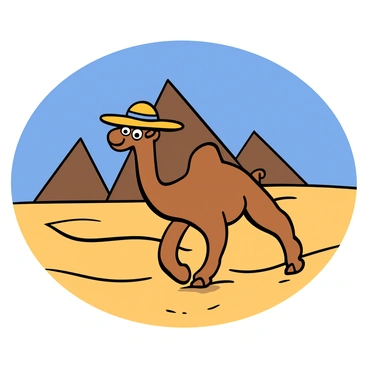 A 3D cartoon camel with a light brown color and big eyes is trekking across a sandy desert. The camel is wearing a wide-brimmed hat that sits comfortably on its head. The sand is smooth with gentle waves, and there are several pyramids in the background under a clear blue sky. The pyramids are large and triangular, creating a striking contrast against the vibrant colors of the desert. The scene captures the adventurous spirit of the camel as it makes its way through the arid landscape.