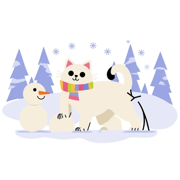 A cute cat with fluffy white fur is wearing a colorful cozy scarf wrapped around its neck. The cat is using its paws to stack a snowball on top of another in a snowy landscape. Around the cat, the ground is covered with fresh white snow, and delicate snowflakes are gently falling from the sky. Nearby, there is a partially built snowman with a carrot nose and stick arms. In the background, there are snow-covered trees and a light blue sky.