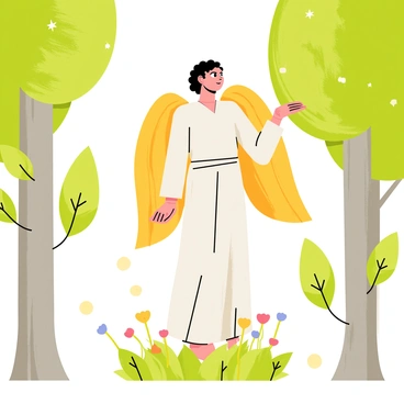 An angel with long flowing white robes and shimmering golden wings stands gracefully in the middle of a mystical forest clearing. The angel has a serene expression and is surrounded by lush green trees with soft, glowing light filtering through the leaves. Delicate flowers in various colors bloom at the angel's feet, and small, sparkling orbs of light float around, adding to the enchanting atmosphere of the scene. A gentle breeze causes the angel's robes and hair to sway softly, creating a sense of tranquility in the clearing.