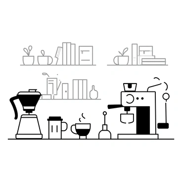 A home coffee bar featuring a variety of coffee makers arranged on a wooden countertop. There is a classic drip coffee maker on the left, alongside a sleek espresso machine with a steaming wand. On the counter, a French press and a pour-over coffee maker sit next to a set of polished coffee mugs. Various coffee bean jars are neatly organized, and a small milk frother is also present. The background shows a cozy kitchen environment with shelves holding coffee-related books and a small plant.