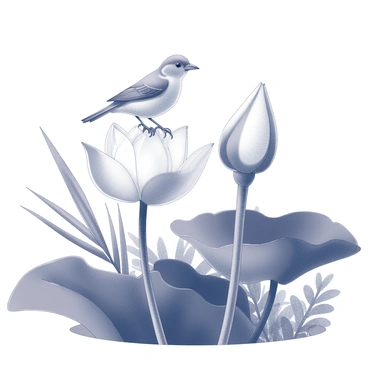 A sparrow perched delicately on a "white lotus flower" with its feathers subtly ruffled, showcasing the intricate details of its plumage. The "lotus" stands tall in a lush, green garden, surrounded by broad, dark green leaves that enhance its beauty. The background features various shapes of foliage and plants, contributing to an organized yet natural scene. The atmosphere is tranquil, emphasizing the serene interaction between the "sparrow" and the "lotus flower." The setting conveys a sense of harmony and calmness.