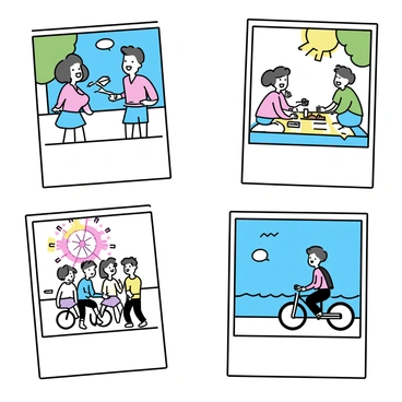 A collection of four old-fashioned Polaroid photos. The first photo shows two friends laughing while playing frisbee in a park, with trees in the background. The second photo captures three friends sitting around a picnic blanket, sharing snacks and drinks under a sunny sky. The third photo features a group of four friends at a carnival, standing in front of a colorful ferris wheel with bright lights. The last photo depicts two friends riding bicycles along a beach, with waves crashing in the background. Each photo has a white border typical of Polaroid prints.