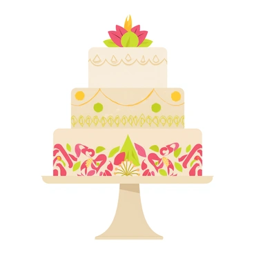 A multi-tiered wedding cake with three distinct layers. The bottom tier features intricate traditional Pakistani floral patterns in vibrant colors such as red, green, and gold. The middle tier showcases elegant geometric motifs, also in rich hues, creating a contrast against the floral design. The top tier is adorned with delicate lace-like piping and topped with a small bouquet of edible flowers. The cake stands on a round white pedestal, enhancing its elegance.