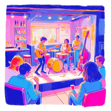 A small indie band is performing on a slightly elevated stage in a dimly lit, cozy basement venue. The band consists of three members: a guitarist with short curly hair, a drummer with glasses, and a bassist with long hair pulled back. Each musician is focused on their instruments, creating an intimate atmosphere. Warm, soft lights hang from the ceiling, casting a gentle glow on the wooden beams and exposed brick walls. The audience, a diverse group of people, is seated on mismatched chairs and cushions, nodding along to the rhythm while some hold drinks. In the background, there is a small bar with shelves displaying a variety of bottles.