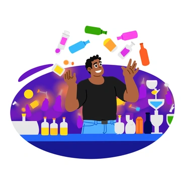 A barman in a black shirt and jeans is performing a flair bartending show. He is juggling several colorful bottles, showcasing his skills. The barman is positioned behind a bar adorned with various glassware and cocktail ingredients. There are bright spotlights illuminating the scene, casting vibrant colors on the bottles and glasses. In the background, a cheering crowd can be seen, captivated by the barman's impressive tricks. Some bottles are mid-air, and glasses are arranged neatly on the bar's edge, ready for the next cocktail creation.