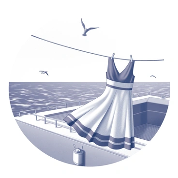 A dress with "sailor stripes" hanging on a clothesline. The dress features a classic cut with a fitted bodice and flared skirt, made of lightweight fabric that flows gently in the breeze. In the background, a yacht deck is visible, with polished wooden planks and chrome railings reflecting the sunlight. The ocean stretches out to the horizon, with gentle waves creating patterns on the surface. Seagulls fly above, and a lifebuoy hangs on the side of the yacht.