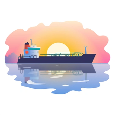 An oil barge is moving steadily through calm waters during sunset. The barge is large, with a dark hull and various pipelines visible on its deck. The sky is filled with warm hues of orange and pink as the sun sets on the horizon. The water reflects these golden and amber tones, creating a shimmering effect on the surface. Soft ripples can be seen surrounding the barge. In the background, faint silhouettes of distant land can be made out against the vibrant sky.