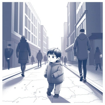 A child stands alone in the shadows of a busy city street. The child is small, with tousled hair, wearing an oversized jacket that seems to engulf their small frame. The surrounding street is filled with tall buildings, their silhouettes outlined against the faint light. Passersby hurry along, their faces obscured, paying no attention to the child. The ground is textured with cracks and scattered debris, hinting at the urban environment. Shadows stretch across the pavement, creating a contrast between light and dark areas. The child’s expression is thoughtful, as they observe the world around them, tucked away in their hidden spot.