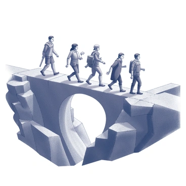 A group of diverse characters is depicted on a narrow stone bridge that spans a deep chasm. Each character displays distinct features, with varied clothing styles and equipment reflecting their unique backgrounds. The bridge is crafted from weathered stone, showing signs of age and erosion. Below, jagged rocks and a dark abyss create a sense of danger. The foreground captures the tension in their expressions as they carefully navigate the precarious path, with one character leading the way and the others following closely behind. The atmosphere suggests a moment of high stakes and teamwork as they cautiously proceed.