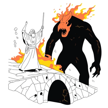 A white Gandalf stands firmly on the Bridge of Khazad-dûm, raising his staff high with determination. Opposite him, a massive, dark Balrog towers, its fiery form flickering with intense flames. The Balrog's shadow stretches ominously across the stone bridge, creating an atmosphere of tension. Flames erupt from the Balrog, illuminating the scene with an orange glow that contrasts with Gandalf's white robes. The ancient stone of the bridge is cracked and worn, hinting at the weight of history and conflict. Smoke swirls around them, adding to the sense of drama and danger in the air.