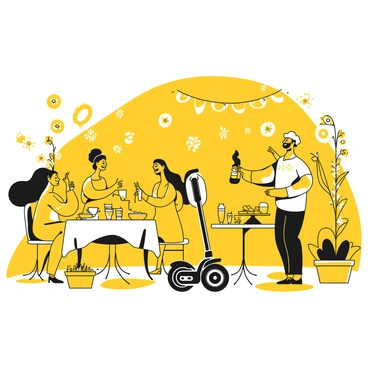 A Segway parked in a small garden party area surrounded by guests. The guests are sitting at elegantly arranged tables adorned with white tablecloths and yellow decorations, enjoying a variety of refreshments. Some guests are holding cups, while others are laughing and conversing. Colorful flowers are blooming in the background, adding to the lively atmosphere. The Segway is positioned near a small buffet table with snacks and drinks, showing its modern design amidst the festive gathering.