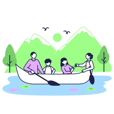 A family of four is canoeing on a calm lake in Pahalgam. The canoe is positioned in the center of the lake with a parent at the front, paddling, while the other parent sits in the middle, smiling at their two children. One child is sitting at the front, holding a paddle, and the other is standing at the back, playfully splashing the water. In the background, tall green mountains rise, their slopes dotted with trees. The lake reflects the natural surroundings, with a few lily pads visible near the edges. A few birds can be seen flying above the water. The sun casts gentle light over the entire scene, enhancing the tranquility of the moment.