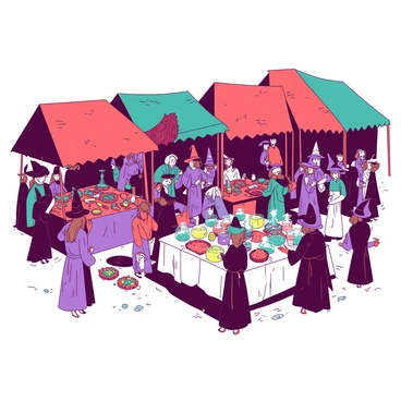 A duotone scene of a "bustling witches' market" filled with various stalls. Each stall is adorned with colorful canopies featuring a mixture of "red" and "teal" fabrics. The stalls showcase an array of "magical ingredients" such as glowing herbs, shimmering crystals, and colorful potions in glass vials. Nearby, a vendor is presenting intricate "artifacts," including ornate wands and spellbooks with glowing covers. Crowds of witches and wizards in flowing robes explore the market, some engaging in lively discussions while others examine the unique items for sale. A faint mist envelops the ground, adding to the mystical atmosphere.