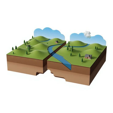 A detailed landscape scene illustrating the effects of a reverse fault displacement. The left side shows a serene valley with rolling green hills, a clear blue sky, and a river flowing gently through the landscape. There are a few trees scattered across the hills, and a small farmhouse can be seen in the distance. The right side displays the same valley after the reverse fault displacement. The hills are now elevated, creating a dramatic change in perspective. The river has been altered, with one side now forming a steep cliff. The trees remain, but some have fallen due to the shift, and the farmhouse is now partially obscured by the new elevation of the land. The transition between the two scenes is marked by a jagged line where the ground has shifted.