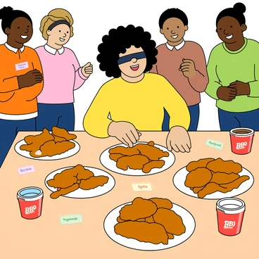 A fun scene depicting a blindfolded taste test challenge. In the center, a table is filled with multiple plates of KFC chicken recipes, each plate featuring different styles of crispy fried chicken. A young woman with curly black hair and a bright yellow shirt sits at the table, wearing a black blindfold, eagerly reaching for one of the plates. Surrounding her are colorful containers of dipping sauces like ranch, honey mustard, and barbecue, adding to the lively atmosphere. Each plate is labeled with a small colorful tag indicating the recipe name, such as "Original Recipe," "Spicy," and "BBQ." The background includes friends watching and cheering, adding to the excitement of the challenge.