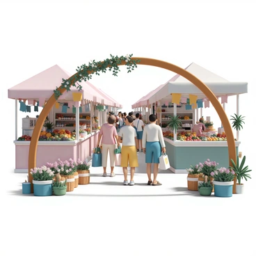 A vibrant farmers market filled with various stalls showcasing fresh produce, flowers, and handmade goods. The stalls are adorned with colorful banners and overflowing baskets of fruits and vegetables. In the foreground, a wooden archway, decorated with greenery and flowers, welcomes visitors to the market. Shoppers are interacting with vendors, examining products, and carrying tote bags filled with purchases. Sunshine filters through the canopy of the market, highlighting the lively atmosphere and the diversity of items available.