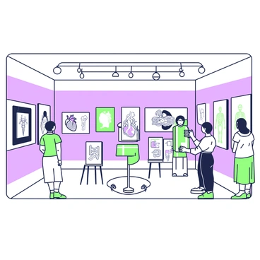 An annual art showcase is taking place in a spacious gallery filled with medical illustrations. On the walls, a series of framed artworks depict detailed anatomical studies, including a large, striking illustration of the human heart next to a depiction of the skeletal system. Each piece showcases different techniques, such as watercolor and ink. In the center of the gallery, there are elegant display stands featuring a collection of sketches and diagrams, demonstrating various medical conditions. Attendees are examining the art, discussing the intricate details and the skills involved in creating these illustrations. Soft lighting illuminates the artworks, emphasizing their features and textures.